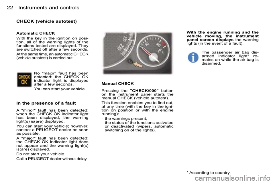 Peugeot 407 C Dag 2006  Owners Manual �I�n�s�t�r�u�m�e�n�t�s� �a�n�d� �c�o�n�t�r�o�l�s�2�2 �-
�C�H�E�C�K� �(�v�e�h�i�c�l�e� �a�u�t�o�t�e�s�t�) 
�I�n� �t�h�e� �p�r�e�s�e�n�c�e� �o�f� �a� �f�a�u�l�t
�A�  �"�m�i�n�o�r�"�  �f�a�u�l�t�  �h�a�s