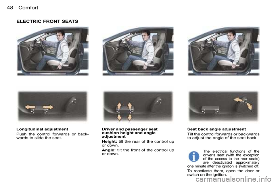 Peugeot 407 C Dag 2006  Owners Manual �C�o�m�f�o�r�t�4�8 �-
�E�L�E�C�T�R�I�C� �F�R�O�N�T� �S�E�A�T�S
�L�o�n�g�i�t�u�d�i�n�a�l� �a�d�j�u�s�t�m�e�n�t�  
�P�u�s�h�  �t�h�e�  �c�o�n�t�r�o�l�  �f�o�r�w�a�r�d�s�  �o�r�  �b�a�c�k�- 
�w�a�r�d�s� 