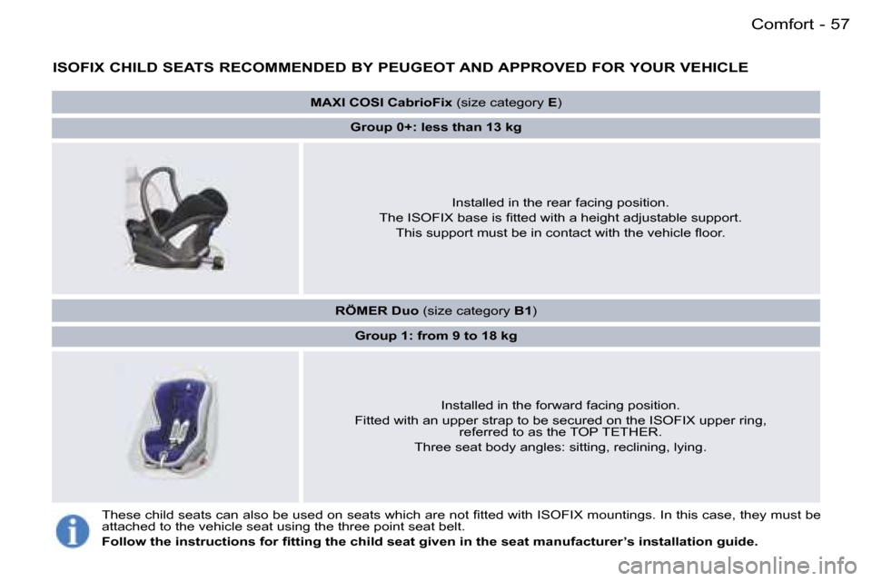 Peugeot 407 C Dag 2006  Owners Manual �5�7�C�o�m�f�o�r�t�-
�I�S�O�F�I�X� �C�H�I�L�D� �S�E�A�T�S� �R�E�C�O�M�M�E�N�D�E�D� �B�Y� �P�E�U�G�E�O�T� �A�N�D� �A�P�P�R�O�V�E�D� �F�O�R� �Y�O�U�R� �V�E�H�I�C�L�E
�R�Ö�M�E�R� �D�u�o� �(�s�i�z�e� �c�