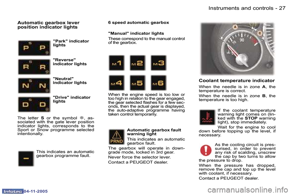 Peugeot 407 C Dag 2005.5  Owners Manual �I�n�s�t�r�u�m�e�n�t�s� �a�n�d� �c�o�n�t�r�o�l�s�2�6 �-
�0�4�-�1�1�-�2�0�0�5
�2�7�I�n�s�t�r�u�m�e�n�t�s� �a�n�d� �c�o�n�t�r�o�l�s�-
�0�4�-�1�1�-�2�0�0�5
�C�o�o�l�a�n�t� �t�e�m�p�e�r�a�t�u�r�e� �i�n�d�