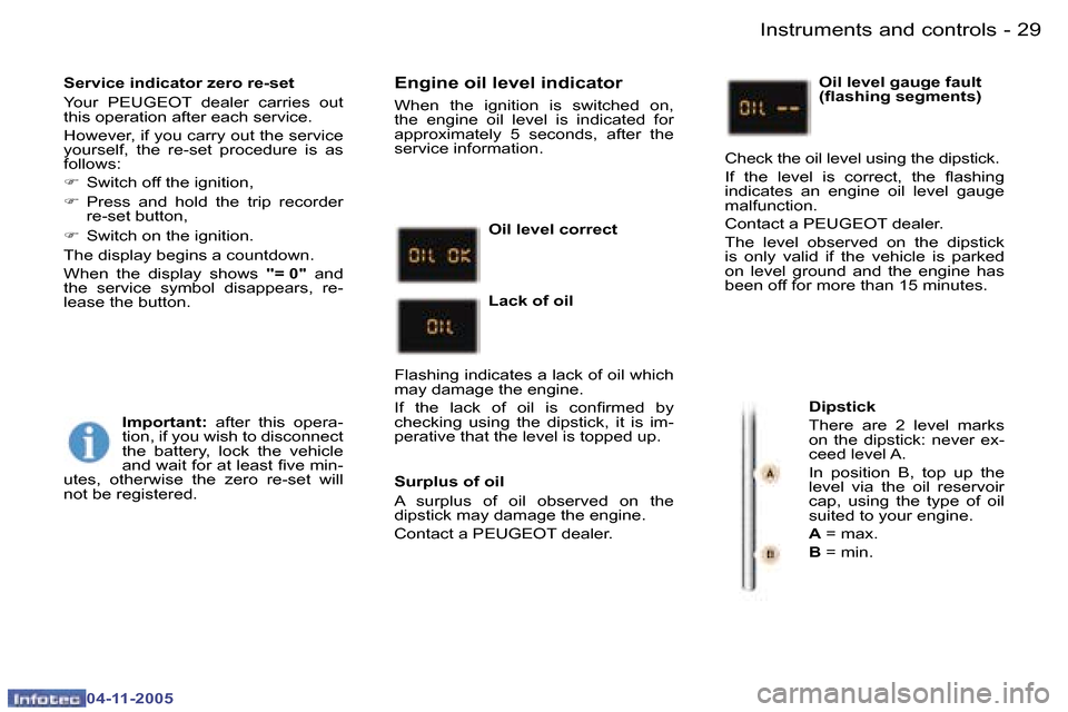 Peugeot 407 C Dag 2005.5  Owners Manual �I�n�s�t�r�u�m�e�n�t�s� �a�n�d� �c�o�n�t�r�o�l�s�2�8 �-
�0�4�-�1�1�-�2�0�0�5
�2�9�I�n�s�t�r�u�m�e�n�t�s� �a�n�d� �c�o�n�t�r�o�l�s�-
�0�4�-�1�1�-�2�0�0�5
�S�e�r�v�i�c�e� �i�n�d�i�c�a�t�o�r� �z�e�r�o� �