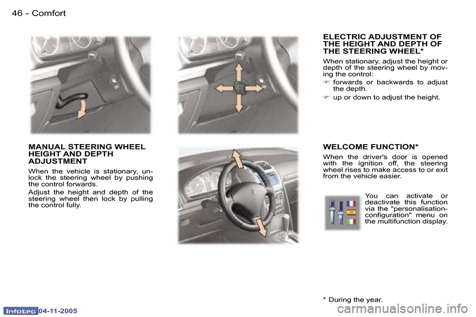 Peugeot 407 C Dag 2005.5  Owners Manual �4�6 �-
�0�4�-�1�1�-�2�0�0�5
�4�7
�-
�0�4�-�1�1�-�2�0�0�5
�E�L�E�C�T�R�I�C� �A�D�J�U�S�T�M�E�N�T� �O�F�  
�T�H�E� �H�E�I�G�H�T� �A�N�D� �D�E�P�T�H� �O�F� 
�T�H�E� �S�T�E�E�R�I�N�G� �W�H�E�E�L�*
�W�h�e