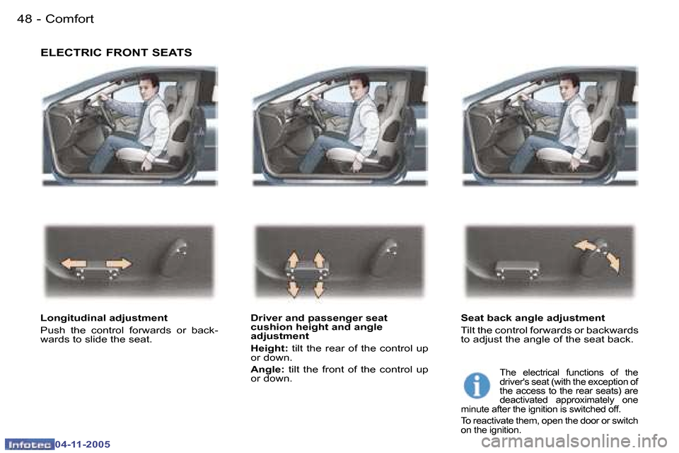 Peugeot 407 C Dag 2005.5  Owners Manual �4�8 �-
�0�4�-�1�1�-�2�0�0�5
�4�9
�-
�0�4�-�1�1�-�2�0�0�5
�E�L�E�C�T�R�I�C� �F�R�O�N�T� �S�E�A�T�S
�L�o�n�g�i�t�u�d�i�n�a�l� �a�d�j�u�s�t�m�e�n�t�  
�P�u�s�h�  �t�h�e�  �c�o�n�t�r�o�l�  �f�o�r�w�a�r�d