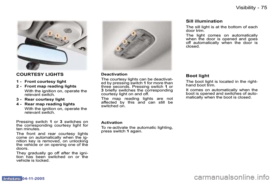 Peugeot 407 C Dag 2005.5  Owners Manual �7�4 �-
�0�4�-�1�1�-�2�0�0�5
�7�5
�-
�0�4�-�1�1�-�2�0�0�5
�C�O�U�R�T�E�S�Y� �L�I�G�H�T�S
�1� �-�  �F�r�o�n�t� �c�o�u�r�t�e�s�y� �l�i�g�h�t 
�2� �-�  �F�r�o�n�t� �m�a�p� �r�e�a�d�i�n�g� �l�i�g�h�t�s
� 