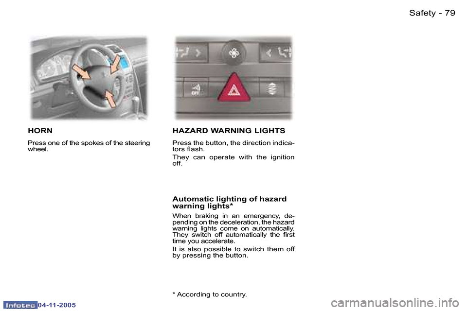 Peugeot 407 C Dag 2005.5  Owners Manual �7�9
�-
�0�4�-�1�1�-�2�0�0�5
�H�O�R�N
�P�r�e�s�s� �o�n�e� �o�f� �t�h�e� �s�p�o�k�e�s� �o�f� �t�h�e� �s�t�e�e�r�i�n�g�  
�w�h�e�e�l�.� 
�H�A�Z�A�R�D� �W�A�R�N�I�N�G� �L�I�G�H�T�S
�P�r�e�s�s� �t�h�e� �b