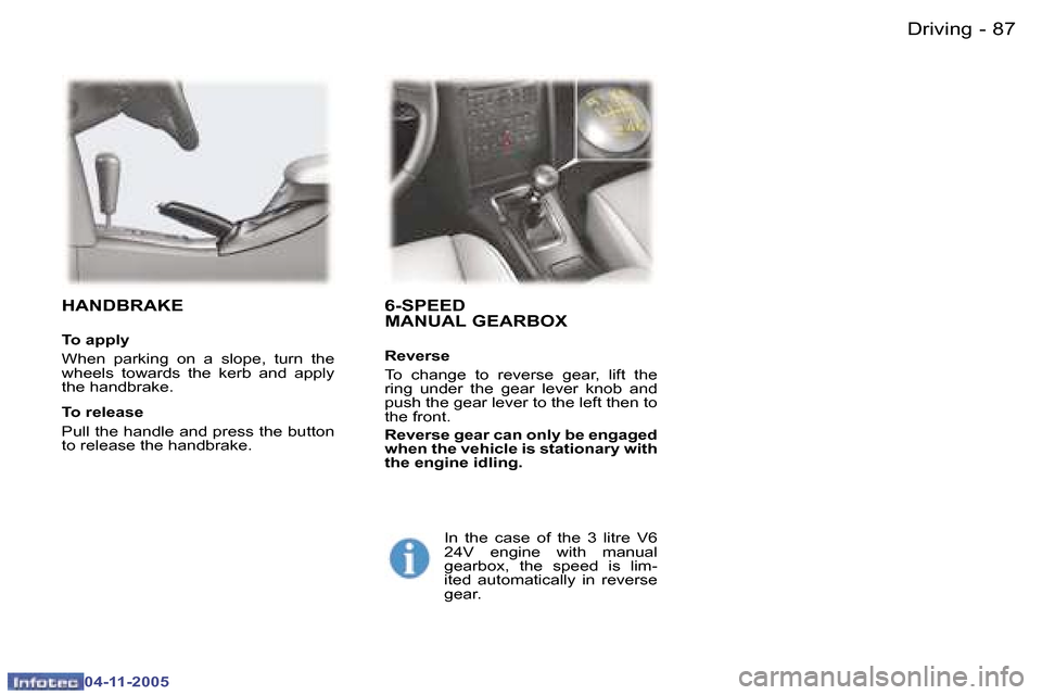 Peugeot 407 C Dag 2005.5  Owners Manual �8�7
�-
�0�4�-�1�1�-�2�0�0�5
�6�-�S�P�E�E�D 
�M�A�N�U�A�L� �G�E�A�R�B�O�X
�R�e�v�e�r�s�e 
�T�o�  �c�h�a�n�g�e�  �t�o�  �r�e�v�e�r�s�e�  �g�e�a�r�,�  �l�i�f�t�  �t�h�e�  
�r�i�n�g�  �u�n�d�e�r�  �t�h�e