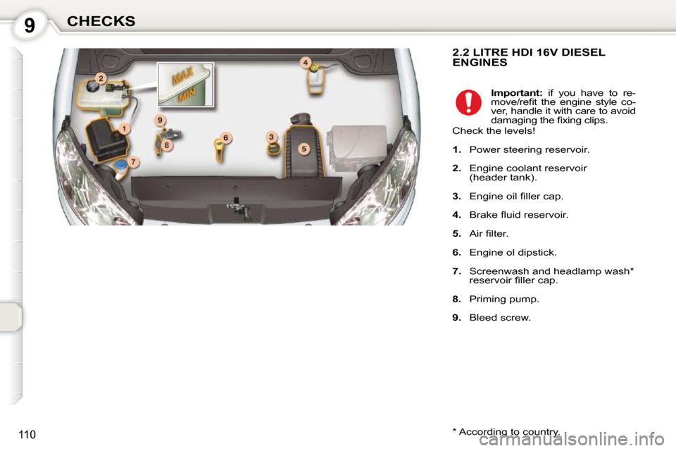Peugeot 407 Dag 2010  Owners Manual 9CHECKS
110
 2.2 LITRE HDI 16V DIESEL ENGINES 
  *   According to country.    
Important:    if  you  have  to  re-
�m�o�v�e�/�r�e�ﬁ� �t�  �t�h�e�  �e�n�g�i�n�e�  �s�t�y�l�e�  �c�o�- 
ver, handle it