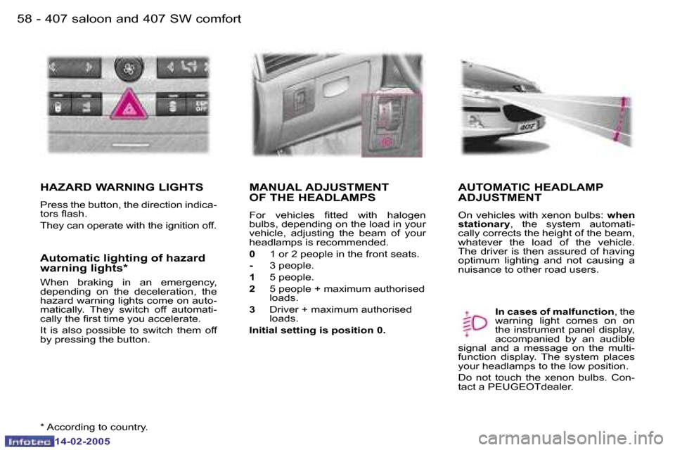 Peugeot 407 Dag 2005  Owners Manual �5�8 �-
�1�4�-�0�2�-�2�0�0�5
�5�9
�-
�1�4�-�0�2�-�2�0�0�5
�H�A�Z�A�R�D� �W�A�R�N�I�N�G� �L�I�G�H�T�S
�P�r�e�s�s� �t�h�e� �b�u�t�t�o�n�,� �t�h�e� �d�i�r�e�c�t�i�o�n� �i�n�d�i�c�a�- 
�t�o�r�s� �l�a�s�h�