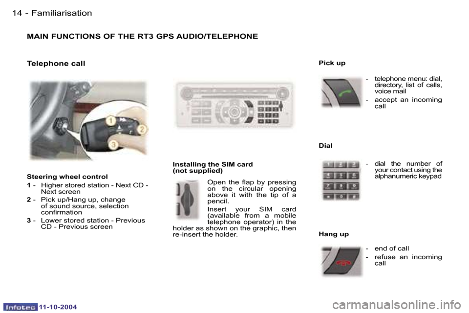 Peugeot 407 Dag 2004.5  Owners Manual �1�4 �-
�1�1�-�1�0�-�2�0�0�4
�1�5
�-
�1�1�-�1�0�-�2�0�0�4
�M�A�I�N� �F�U�N�C�T�I�O�N�S� �O�F� �T�H�E� �R�T�3� �G�P�S� �A�U�D�I�O�/�T�E�L�E�P�H�O�N�E
�I�n�s�t�a�l�l�i�n�g� �t�h�e� �S�I�M� �c�a�r�d�  
�