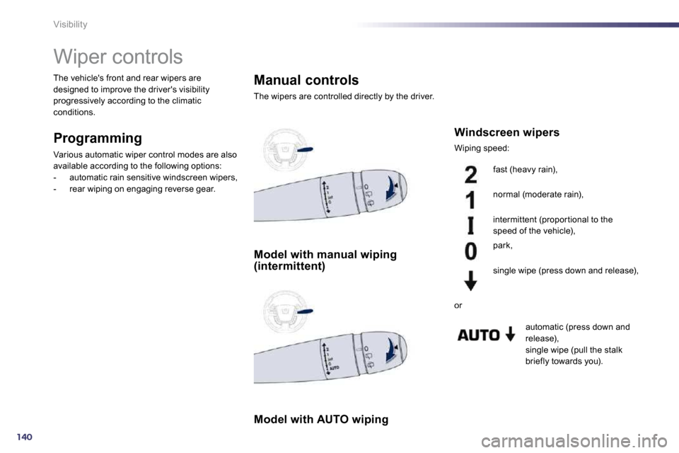 Peugeot 508 Dag 2010.5  Owners Manual 140
Visibility 
         Wiper controls 
  Programming 
 Various automatic wiper control modes are also 
available according to the following options:    -   automatic rain sensitive windscreen wipers