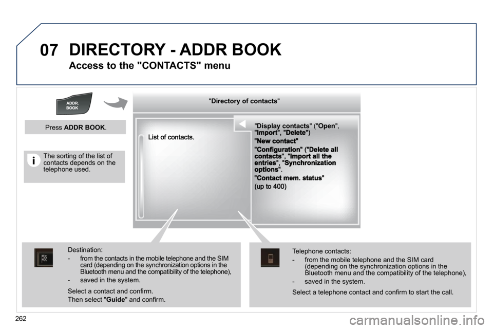 Peugeot 508 Dag 2010.5  Owners Manual 262
07 DIRECTORY - ADDR BOOK 
  Access to the "CONTACTS" menu 
  "   "   "   "   "   "   "   "   "   "   "   "   "   "   "   "   "   "   " Directory of contactsDirectory of contactsDirectory of contac