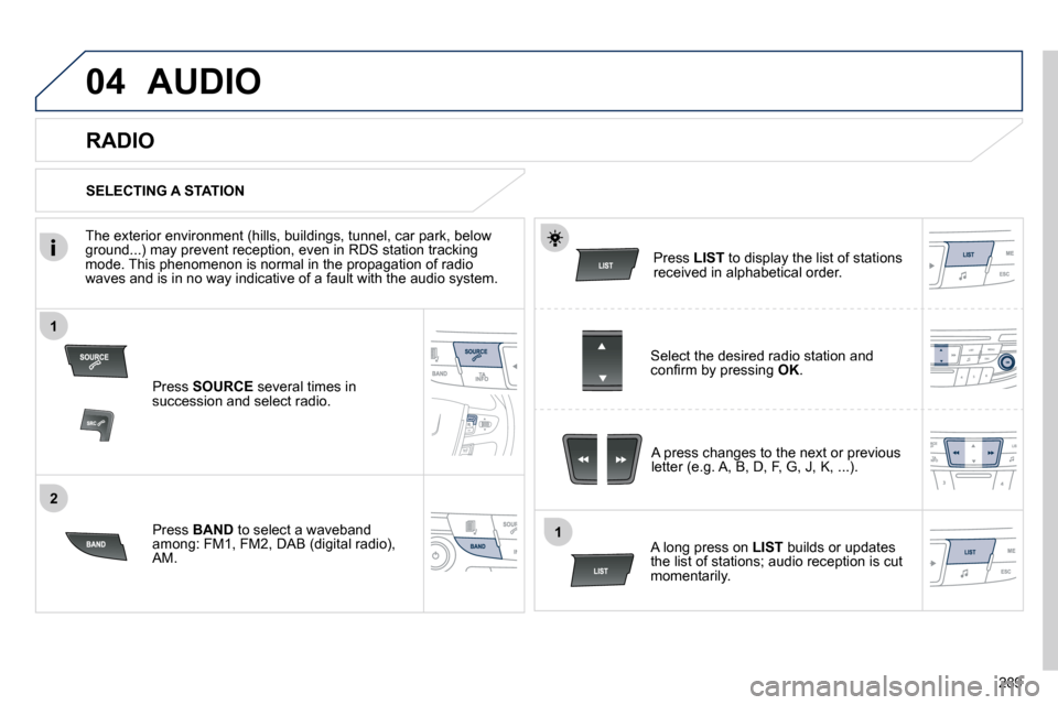 Peugeot 508 Dag 2010.5  Owners Manual 289
1
2
1
04
 AUDIO 
  Press  SOURCE  several times in succession and select radio.  
  Press  BAND  to select a waveband �a�m�o�n�g�:� �F�M�1�,� �F�M�2�,� �D�A�B� �(�d�i�g�i�t�a�l� �r�a�d�i�o�)�,� �A
