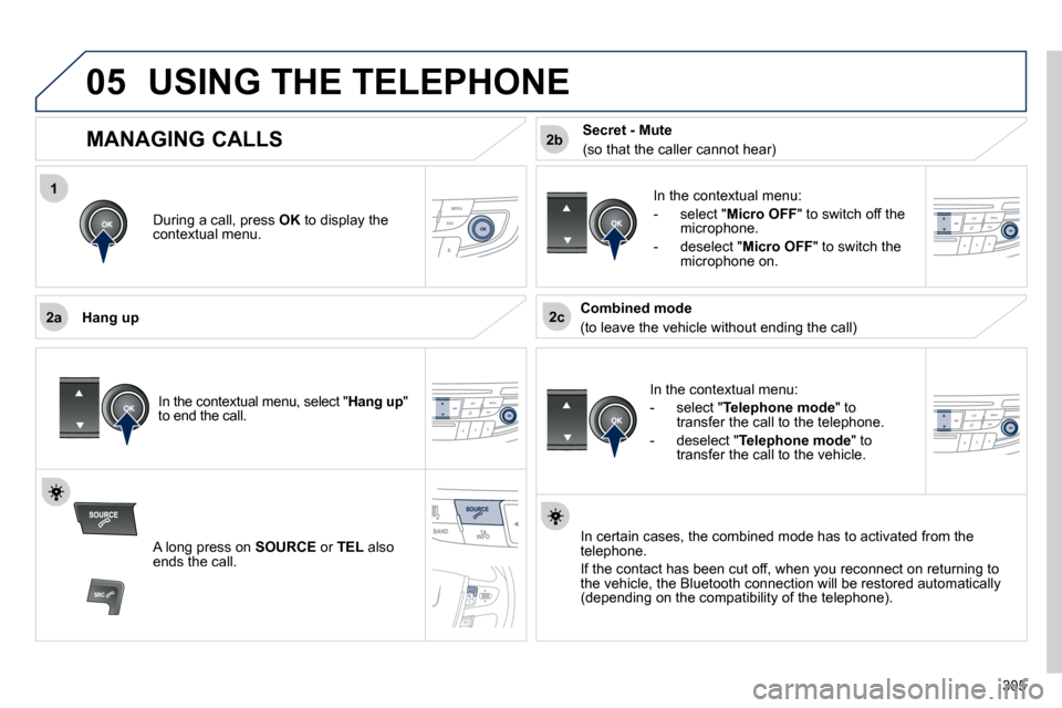 Peugeot 508 Dag 2010.5  Owners Manual 305
 
1
2a2c
2b
05 USING THE TELEPHONE 
� � �D�u�r�i�n�g� �a� �c�a�l�l�,� �p�r�e�s�s� � OK  to display the �c�o�n�t�e�x�t�u�a�l� �m�e�n�u�.� � 
  Hang up 
� � �I�n� �t�h�e� �c�o�n�t�e�x�t�u�a�l� �m�e�