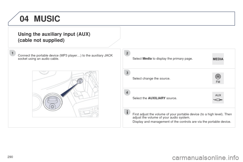 Peugeot 508 Hybrid 2014  Owners Manual 290
04
508_en_Chap11c_SMegplus-i_ed02-2014
Using the auxiliary input (AUX)
(cable not supplied)
Connect the portable device (MP3 player…) to the auxiliary JACK 
socket using an audio cable.First adj