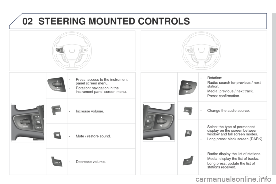 Peugeot 508 Hybrid 2014  Owners Manual 343
STEERING MOUNTED CONTROLS
- Press: access to the instrument 
panel screen menu.
-
 
Rotation: navigation in the 
instrument panel screen menu.
-

 
Increase volume.
-

 
Mute / restore sound.
-

 