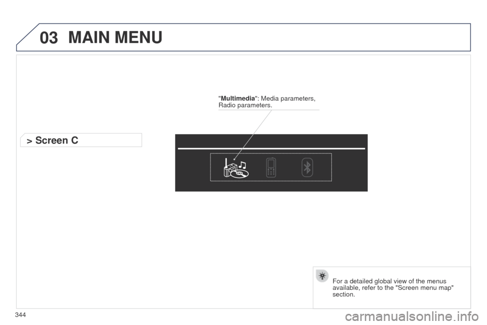Peugeot 508 Hybrid 2014  Owners Manual 03
344
MAIN MENU
"Multimedia": Media parameters, 
Radio parameters.
> Screen C
For a detailed global view of the menus 
available, refer to the "Screen menu map" 
section. 