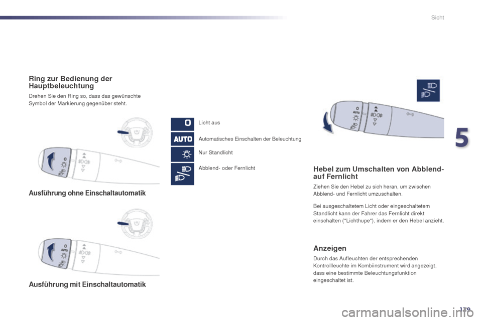 Peugeot 508 Hybrid 2014  Betriebsanleitung (in German) 139
508_de_Chap05_visibilite_ed02-2014
Ausführung ohne Einschaltautomatik
Ausführung mit Einschaltautomatik
Ring zur Bedienung der 
Hauptbeleuchtung
Drehen Sie den Ring so, dass das gewünschte 
Sym