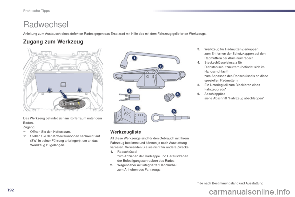 Peugeot 508 Hybrid 2014 Betriebsanleitung (in German) 192
508_de_Chap08_info-pratiques_ed02-2014
Radwechsel
Das Werkzeug befindet sich im Kofferraum unter dem
Boden.
Zugang:
F
Ö
ffnen Sie den Kofferraum.
F
S
tellen Sie den Kofferraumboden senkrech Peugeot 508 Hybrid 2014 Betriebsanleitung (in German) 192
508_de_Chap08_info-pratiques_ed02-2014
Radwechsel
Das Werkzeug befindet sich im Kofferraum unter dem
Boden.
Zugang:
F
Ö
ffnen Sie den Kofferraum.
F
S
tellen Sie den Kofferraumboden senkrech