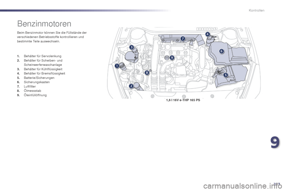 Peugeot 508 Hybrid 2014  Betriebsanleitung (in German) 233
508_de_Chap09_verifications_ed02-2014
1,6 l 16V e-THP 165 PS
Benzinmotoren
Beim Benzinmotor können Sie die Füllstände der 
verschiedenen Betriebsstoffe kontrollieren und 
bestimmte Teile auswec