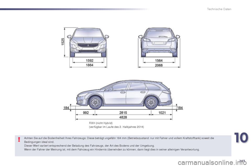 Peugeot 508 Hybrid 2014  Betriebsanleitung (in German) 263
508_de_Chap10_caracteristiques-techniques_ed02-2014
R XH (nicht Hybrid)
(ver fügbar im Laufe des 2. Halbjahres 2014)
Achten Sie auf die Bodenfreiheit Ihres Fahrzeugs: Diese beträgt ungefähr 184