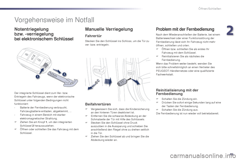 Peugeot 508 Hybrid 2014 Betriebsanleitung (in German) 49
508_de_Chap02_ouvertures_ed02-2014
Vorgehensweise im Notfall
Notentriegelung
bzw. -verriegelung
bei elektronischem Schlüssel
Der integrier te Schlüssel dient zum Ver- bzw.
Entriegeln des Fah Peugeot 508 Hybrid 2014 Betriebsanleitung (in German) 49
508_de_Chap02_ouvertures_ed02-2014
Vorgehensweise im Notfall
Notentriegelung
bzw. -verriegelung
bei elektronischem Schlüssel
Der integrier te Schlüssel dient zum Ver- bzw.
Entriegeln des Fah