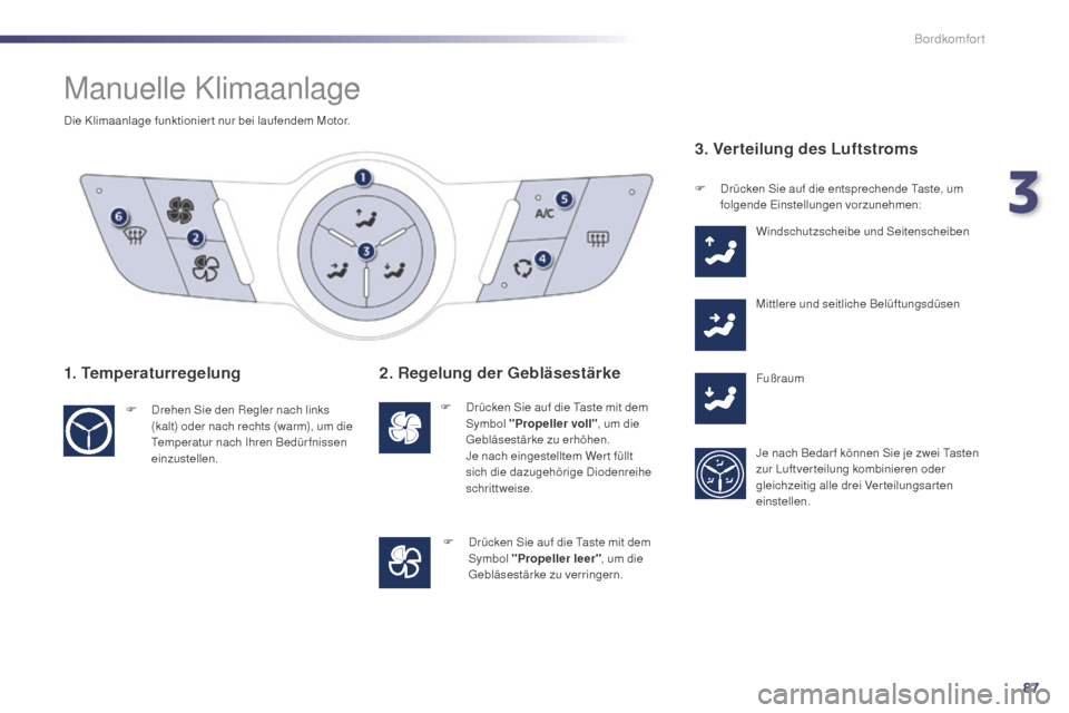 Peugeot 508 Hybrid 2014  Betriebsanleitung (in German) 87
508_de_Chap03_confort_ed02-2014
Manuelle Klimaanlage
Die Klimaanlage funktionier t nur bei laufendem Motor.
1. Temperaturregelung
F Drehen Sie den Regler nach links (kalt) oder nach rechts (warm), 