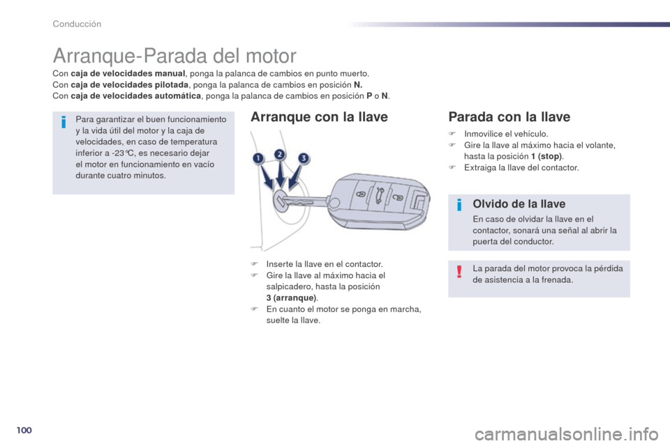Peugeot 508 Hybrid 2014 Manual del propietario (in Spanish) 100
Conducción
Arranque-Parada del motor
F Inserte la llave en el contactor.
F G ire la llave al máximo hacia el
salpicadero, hasta la posición
3
(arranque) .
F
E
n cuanto el motor se ponga Peugeot 508 Hybrid 2014 Manual del propietario (in Spanish) 100
Conducción
Arranque-Parada del motor
F Inserte la llave en el contactor.
F G ire la llave al máximo hacia el
salpicadero, hasta la posición
3
(arranque) .
F
E
n cuanto el motor se ponga