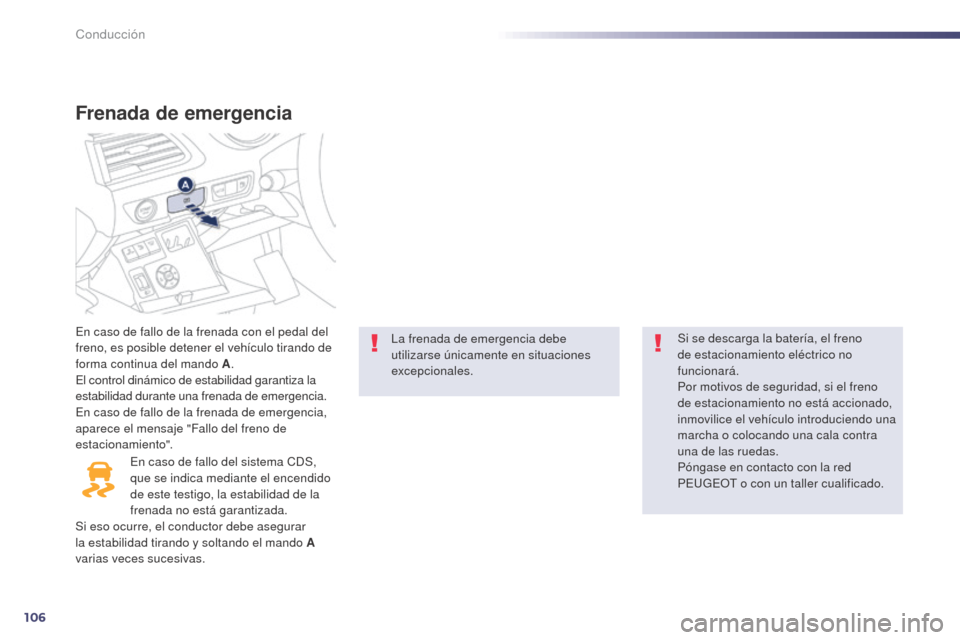 Peugeot 508 Hybrid 2014 Manual del propietario (in Spanish) 106
Frenada de emergencia
En caso de fallo de la frenada con el pedal del
freno, es posible detener el vehículo tirando de
forma continua del mando A.
El control dinámico de estabilidad garantiza Peugeot 508 Hybrid 2014 Manual del propietario (in Spanish) 106
Frenada de emergencia
En caso de fallo de la frenada con el pedal del
freno, es posible detener el vehículo tirando de
forma continua del mando A.
El control dinámico de estabilidad garantiza