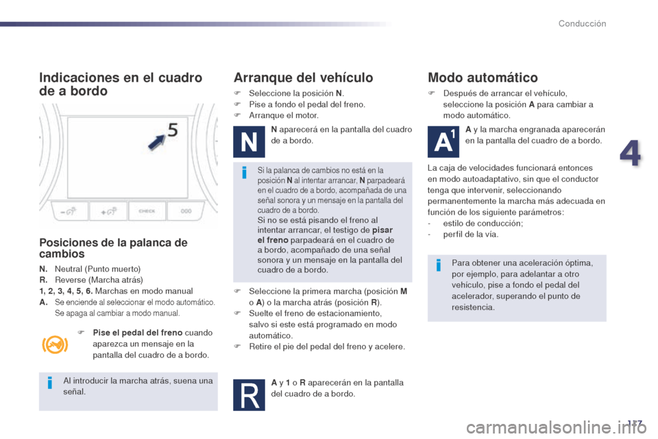 Peugeot 508 Hybrid 2014  Manual del propietario (in Spanish) 117
Al introducir la marcha atrás, suena una 
señal.
Si la palanca de cambios no está en la 
posición N al intentar arrancar, N  parpadeará 
en el cuadro de a bordo, acompañada de una 
señal so