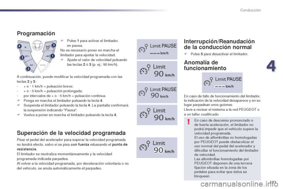 Peugeot 508 Hybrid 2014 Manual del propietario (in Spanish) 131
F Pulse 1 para activar el limitador,
en pausa.
No es necesario poner en marcha el
limitador para ajustar la velocidad.
F
A
juste el valor de velocidad pulsando
las teclas 2
ó 3 (p. e Peugeot 508 Hybrid 2014 Manual del propietario (in Spanish) 131
F Pulse 1 para activar el limitador,
en pausa.
No es necesario poner en marcha el
limitador para ajustar la velocidad.
F
A
juste el valor de velocidad pulsando
las teclas 2
ó 3 (p. e