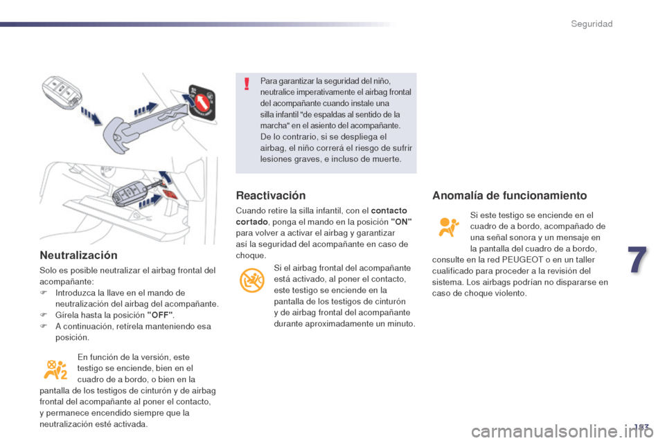 Peugeot 508 Hybrid 2014  Manual del propietario (in Spanish) 183
508_es_Chap07_securite_ed02-2014
Neutralización
Solo es posible neutralizar el airbag frontal del 
acompañante:
F 
I
 ntroduzca la llave en el mando de 
neutralización del airbag del acompañan