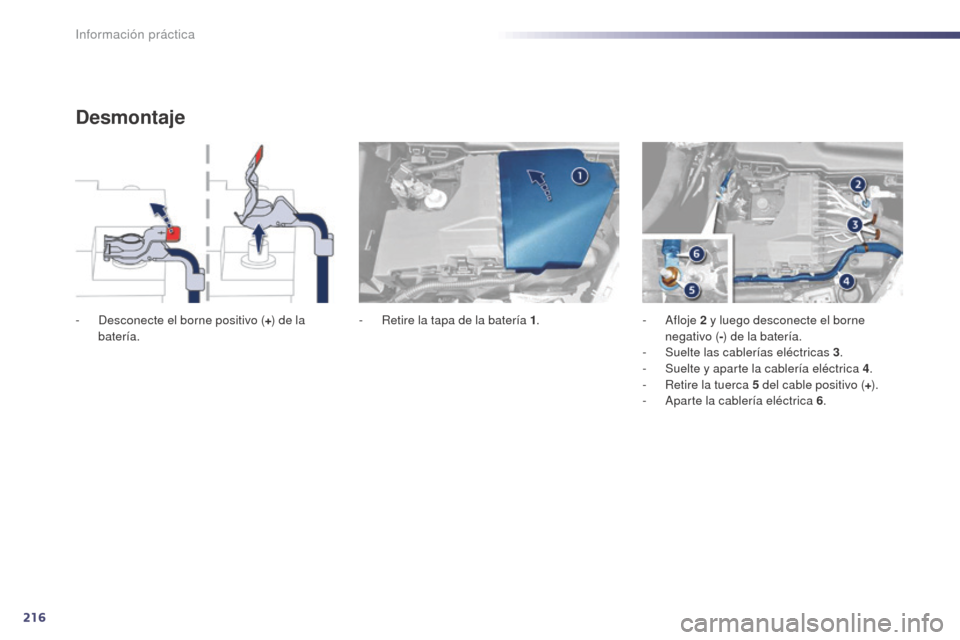 Peugeot 508 Hybrid 2014  Manual del propietario (in Spanish) 216
508_es_Chap08_info-pratiques_ed02-2014
Desmontaje
- Desconecte el borne positivo (+) de la 
batería. -
 R etire la tapa de la batería 1.-   Afloje 2   y luego desconecte el borne 
negativo ( -) 