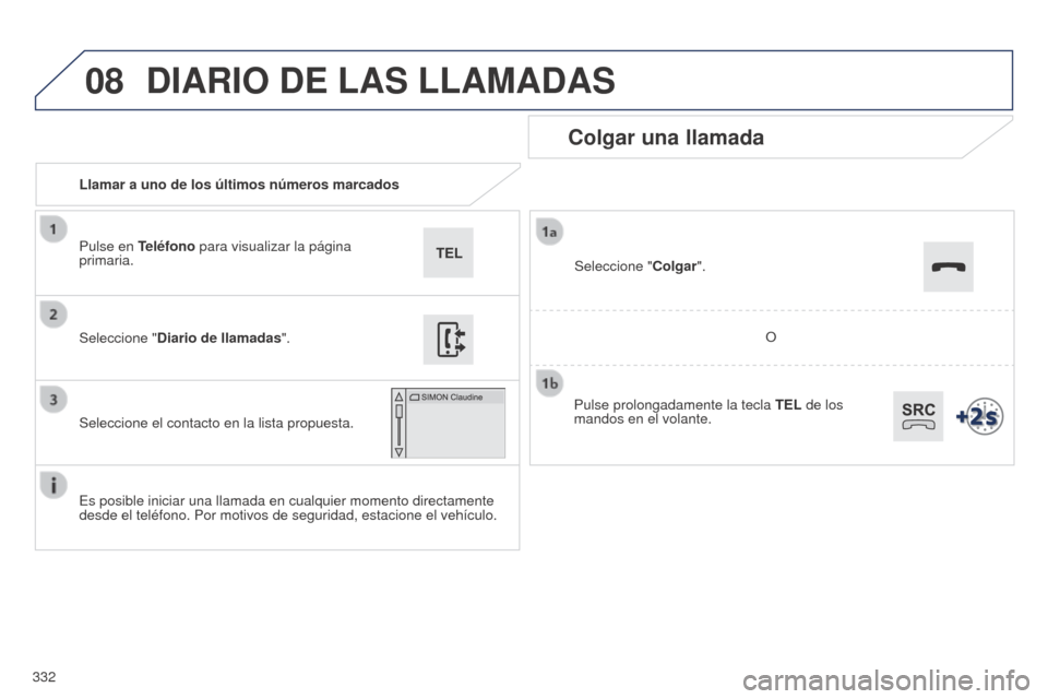 Peugeot 508 Hybrid 2014  Manual del propietario (in Spanish) 332
08
508_es_Chap11c_SMEGplus-i_ed02-2014
Llamar a uno de los últimos números marcados
Colgar una llamada
Es posible iniciar una llamada en cualquier momento directamente 
desde el teléfono. Por m