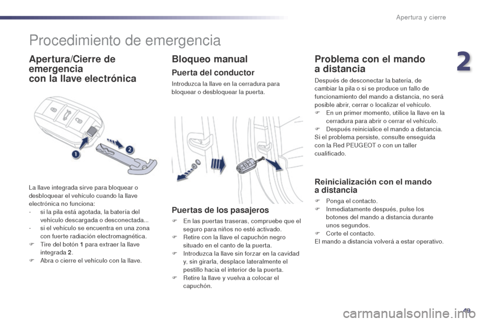 Peugeot 508 Hybrid 2014 Manual del propietario (in Spanish) 49
508_es_Chap02_ouvertures_ed02-2014
Procedimiento de emergencia
Apertura/Cierre de
emergencia
con la llave electrónica
La llave integrada sirve para bloquear o
desbloquear el vehículo cuando l Peugeot 508 Hybrid 2014 Manual del propietario (in Spanish) 49
508_es_Chap02_ouvertures_ed02-2014
Procedimiento de emergencia
Apertura/Cierre de
emergencia
con la llave electrónica
La llave integrada sirve para bloquear o
desbloquear el vehículo cuando l
