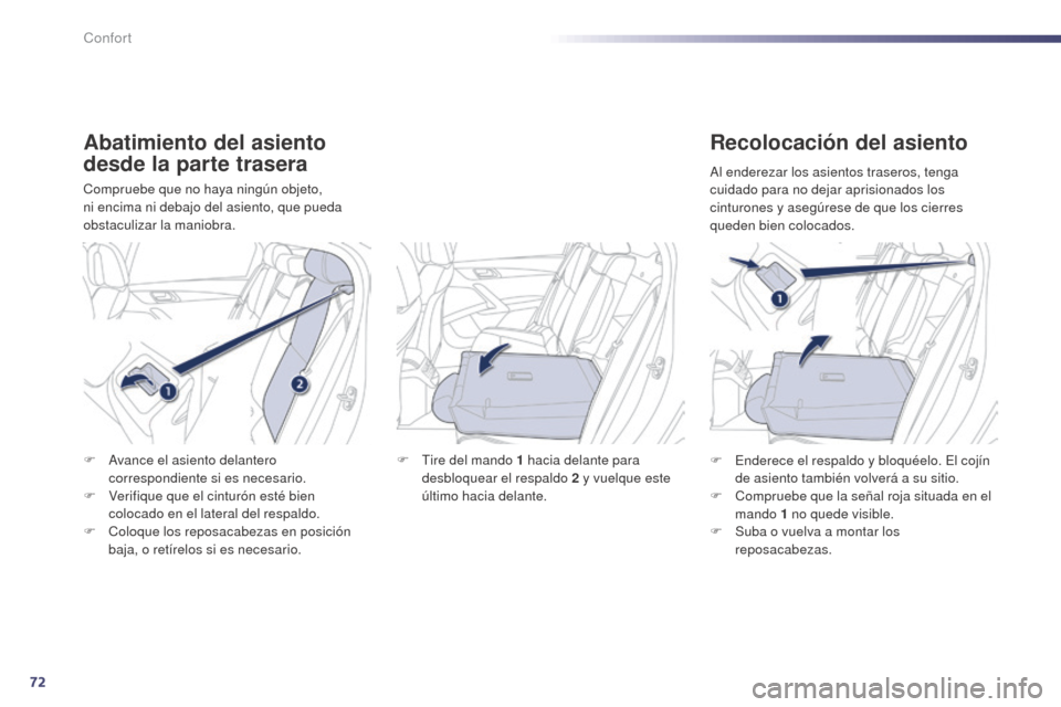 Peugeot 508 Hybrid 2014  Manual del propietario (in Spanish) 72
508_es_Chap03_confort_ed02-2014
Abatimiento del asiento 
desde la parte trasera
Compruebe que no haya ningún objeto, 
ni encima ni debajo del asiento, que pueda 
obstaculizar la maniobra.
Recoloca