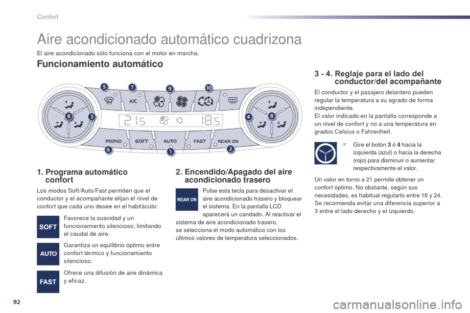Peugeot 508 Hybrid 2014  Manual del propietario (in Spanish) 92
508_es_Chap03_confort_ed02-2014
Aire acondicionado automático cuadrizona
Funcionamiento automático
1.  Programa automático  confort
Los modos Soft /Auto/Fast permiten que el 
conductor y el acom