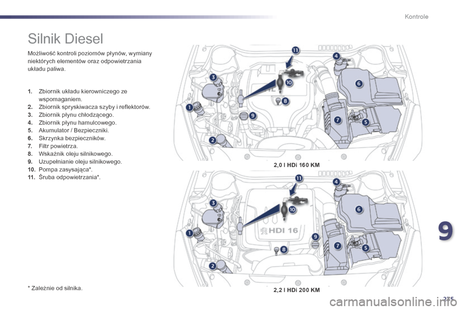 Peugeot 508 Hybrid 2014  Instrukcja Obsługi (in Polish) 235
508_pl_Chap09_verifications_ed02-2014
Możliwość kontroli poziomów płynów, wymiany 
niektórych elementów oraz odpowietrzania 
układu paliwa.
* Zależnie od silnika.
Silnik Diesel
1. Zbiorn