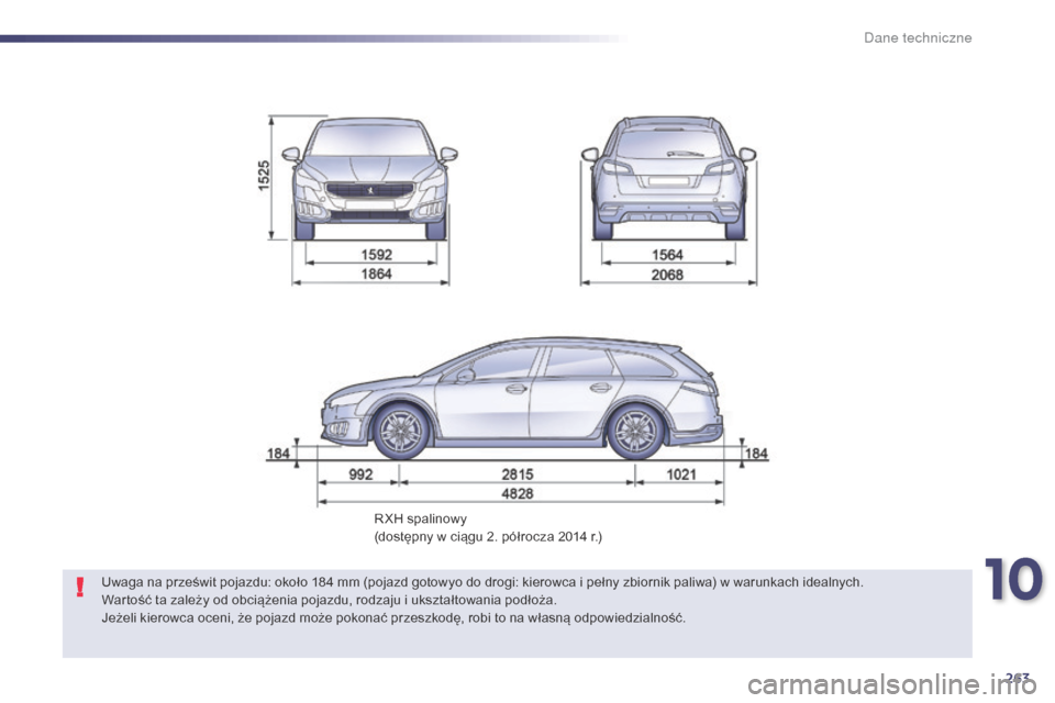 Peugeot 508 Hybrid 2014  Instrukcja Obsługi (in Polish) 263
508_pl_Chap10_caracteristiques-techniques_ed02-2014
RXH spalinowy
(dostępny w ciągu 2. półrocza 2014  r.)
Uwaga na prześwit pojazdu: około 184
 
mm (pojazd gotowyo do drogi: kierowca i pełn