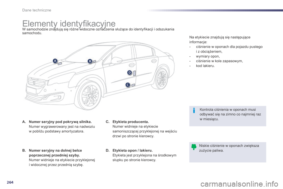 Peugeot 508 Hybrid 2014  Instrukcja Obsługi (in Polish) 264
508_pl_Chap10_caracteristiques-techniques_ed02-2014
Elementy identyfikacyjneW samochodzie znajdują się różne widoczne oznaczenia służące do identyfikacji i odszukania 
samochodu.
A.
 N
umer
