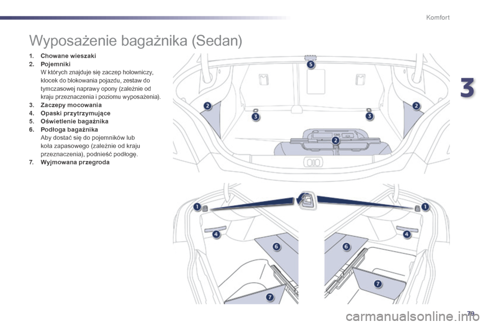Peugeot 508 Hybrid 2014  Instrukcja Obsługi (in Polish) 79
508_pl_Chap03_confort_ed02-2014
Wyposażenie bagażnika (Sedan)
1. Chowane wieszaki
2. Pojemniki
 W których znajduje się zaczep holowniczy, 
klocek do blokowania pojazdu, zestaw do 
tymczasowej n