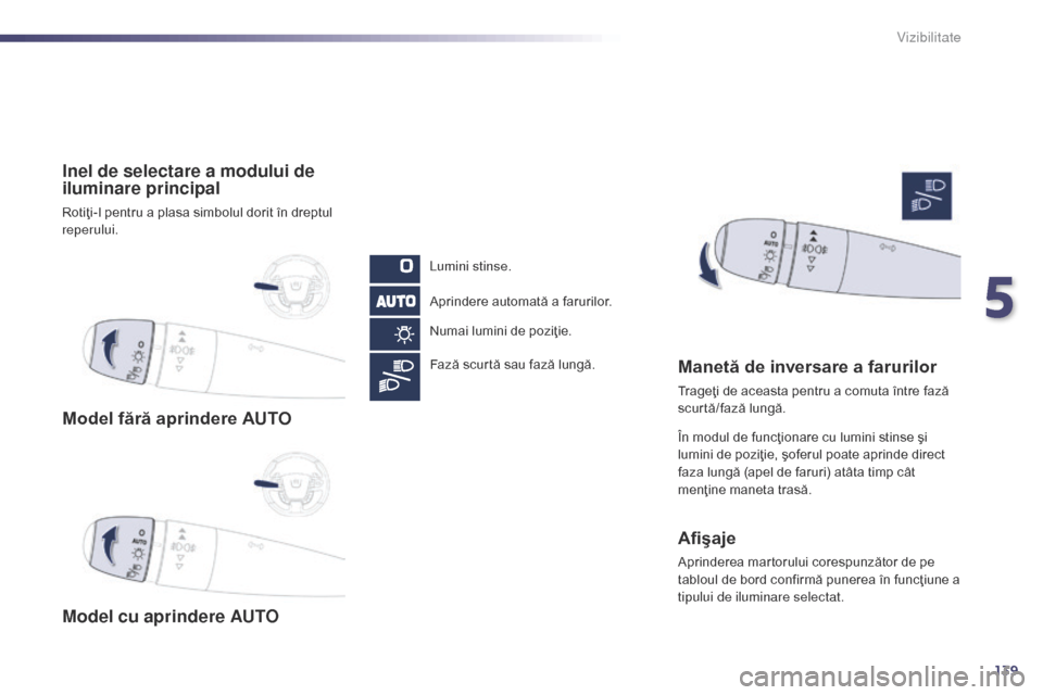 Peugeot 508 Hybrid 2014  Manualul de utilizare (in Romanian) 139
508_ro_Chap05_visibilite_ed02-2014
Model fără aprindere AUTO
Model cu aprindere AUTO Inel de selectare a modului de 
iluminare principal
Rotiţi-l pentru a plasa simbolul dorit în dreptul 
repe