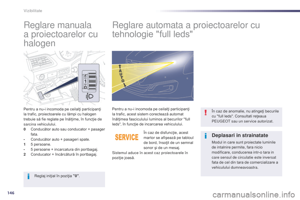 Peugeot 508 Hybrid 2014  Manualul de utilizare (in Romanian) 146
508_ro_Chap05_visibilite_ed02-2014
Reglare manuala 
a proiectoarelor cu 
halogenReglare automata a proiectoarelor cu 
tehnologie "full leds"
Pentru a nu-i incomoda pe ceilalţi participanţi 
la t