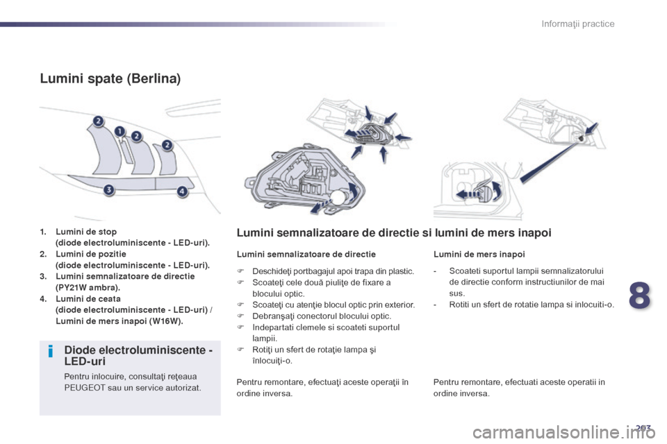 Peugeot 508 Hybrid 2014  Manualul de utilizare (in Romanian) 203
508_ro_Chap08_info-pratiques_ed02-2014
1. Lumini de stop 
  ( diode electroluminiscente - LED-uri).
2.
 L

umini de pozitie 
 
 
(
 diode electroluminiscente - LED-uri).
3.
 L

umini semnalizatoar