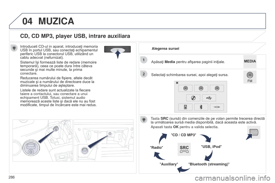 Peugeot 508 Hybrid 2014  Manualul de utilizare (in Romanian) 286
04
508_ro_Chap11c_SMEGplus-i_ed02-2014
CD, CD MP3, player USB, intrare auxiliara
Introduceti CD-ul in aparat, introduceţi memoria 
USB în portul USB, sau conectaţi echipamentul 
periferic USB l