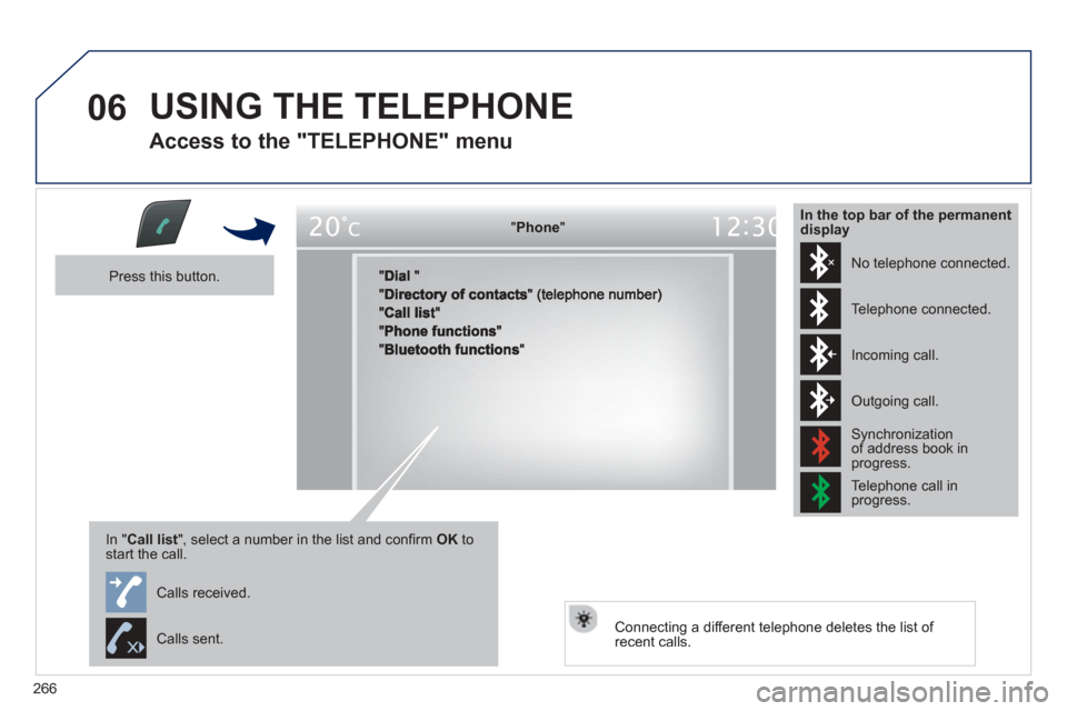 Peugeot 508 Hybrid 2013  Owners Manual 
266
06 USING THE TELEPHONE
  
Access to the "TELEPHONE" menu 
"""""""oePhonePhonePhonePhonePhonePhonePhonePhonePhonePhonePhonePhonePhonePhonePhPhPhPh"""""""
  Press this button.  
In "Call list ", se