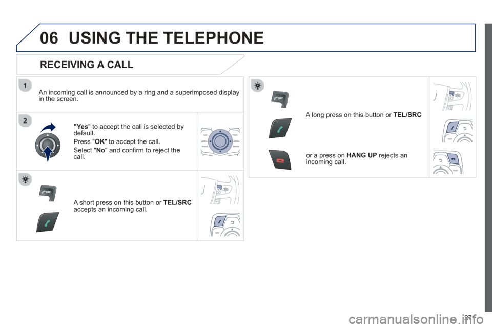 Peugeot 508 Hybrid 2013  Owners Manual 
271

06USING THE TELEPHONE
  
RECEIVING A CALL 
  An incoming call is announced by a ring and a superimposed displayin the screen.
"Ye s" to accept the call is selected bydefault. 
Pr
ess "  OK" to a
