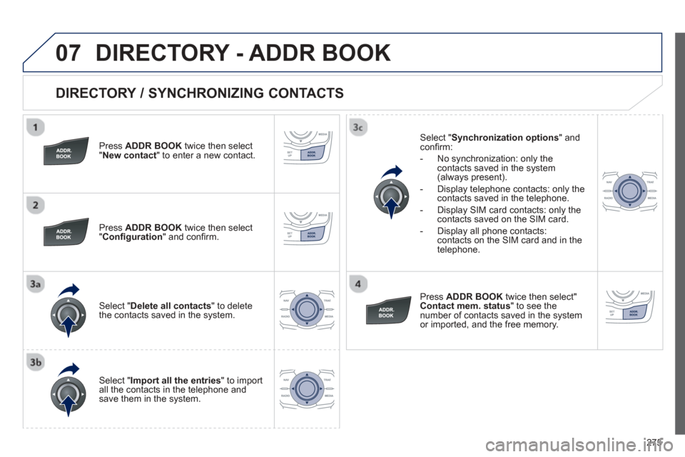 Peugeot 508 Hybrid 2013  Owners Manual 
275
07
  
DIRECTORY / SYNCHRONIZING CONTACTS 
  Press ADDR BOOKtwice then select "New contact" to enter a new contact.
  Pr
ess  ADDR BOOKtwice then select 
"  Con ﬁ guration" and con ﬁ rm.
 
Sel