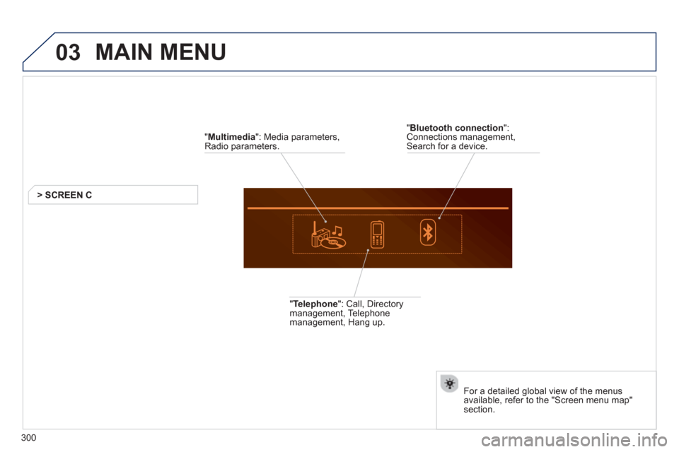 Peugeot 508 Hybrid 2013  Owners Manual 03
300
  MAIN MENU 
 
 
" Multimedia 
": Media parameters,Radio parameters.
> SCREEN C
   
" 
Telephone": Call, Directory 
management, Telephone
management, Hang up.
   
For a detailed 
global view of