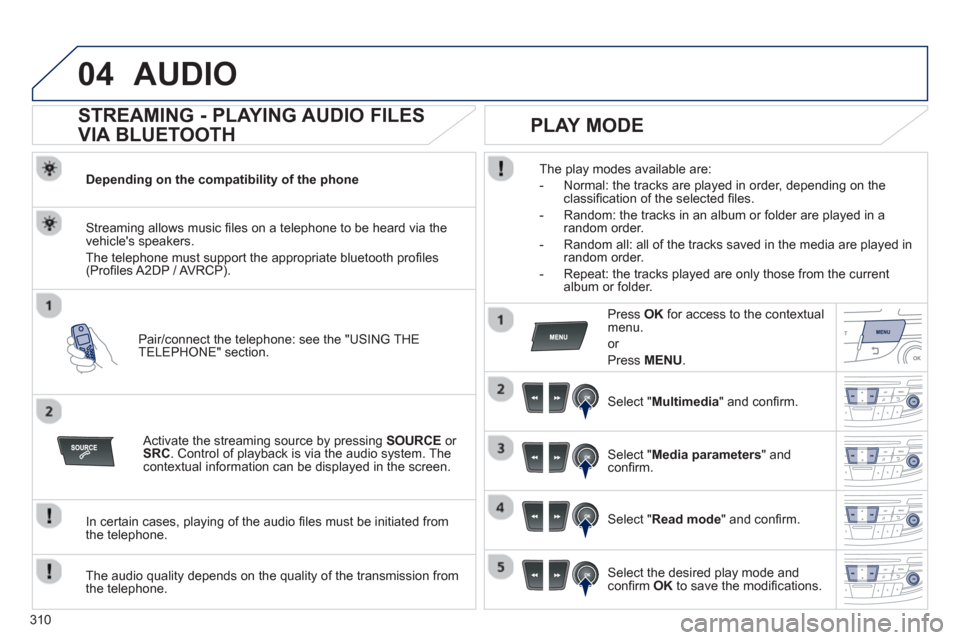Peugeot 508 Hybrid 2013 Owners Manual 310
04AUDIO
STREAMING - PLAYING AUDIO FILES
VIA BLUETOOTH
Depending on the compatibility of the phone
Pair
/connect the telephone: see the "USING THE
TELEPHONE" section.
Streaming Peugeot 508 Hybrid 2013 Owners Manual 310
04AUDIO
STREAMING - PLAYING AUDIO FILES
VIA BLUETOOTH
Depending on the compatibility of the phone
Pair
/connect the telephone: see the "USING THE
TELEPHONE" section.
Streaming