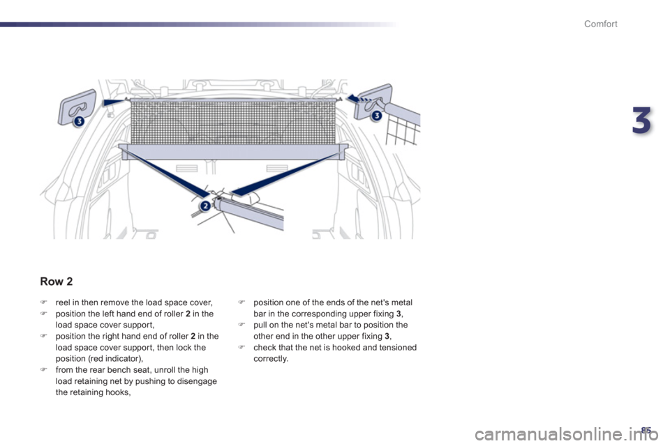 Peugeot 508 Hybrid 2013  Owners Manual 3
85
Comfort
�)reel in then remove the load space cover, �)position the left hand end of roller  2   in the load space cover suppor t, �)position the right hand end of roller  2 
 in theload space cov